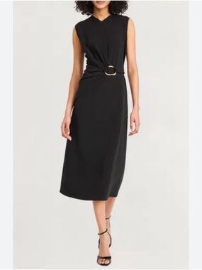 LUXELY Sleeveless Black Belted Midi Dress SIZE 16